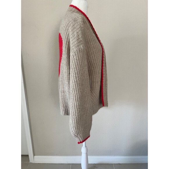 Womens beige knit open-front cardigan big heart-graphic oversized SMALL - Picture 4 of 6
